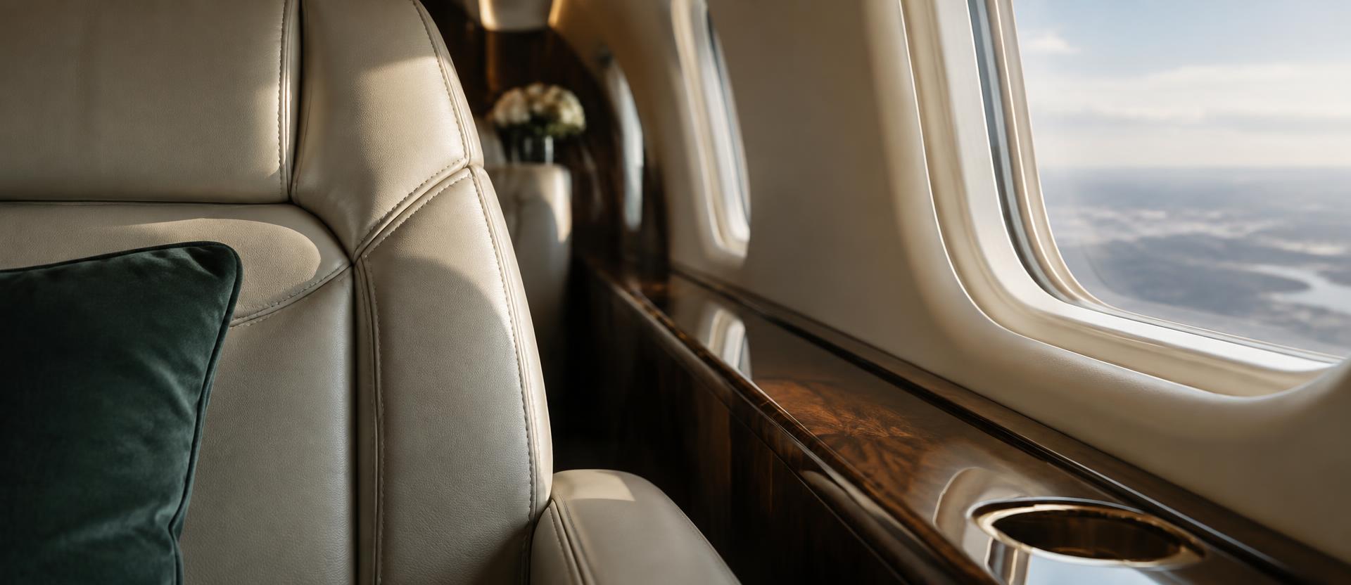 Detail einer Business-Jet-Kabine mit Ledersitz und Fenster